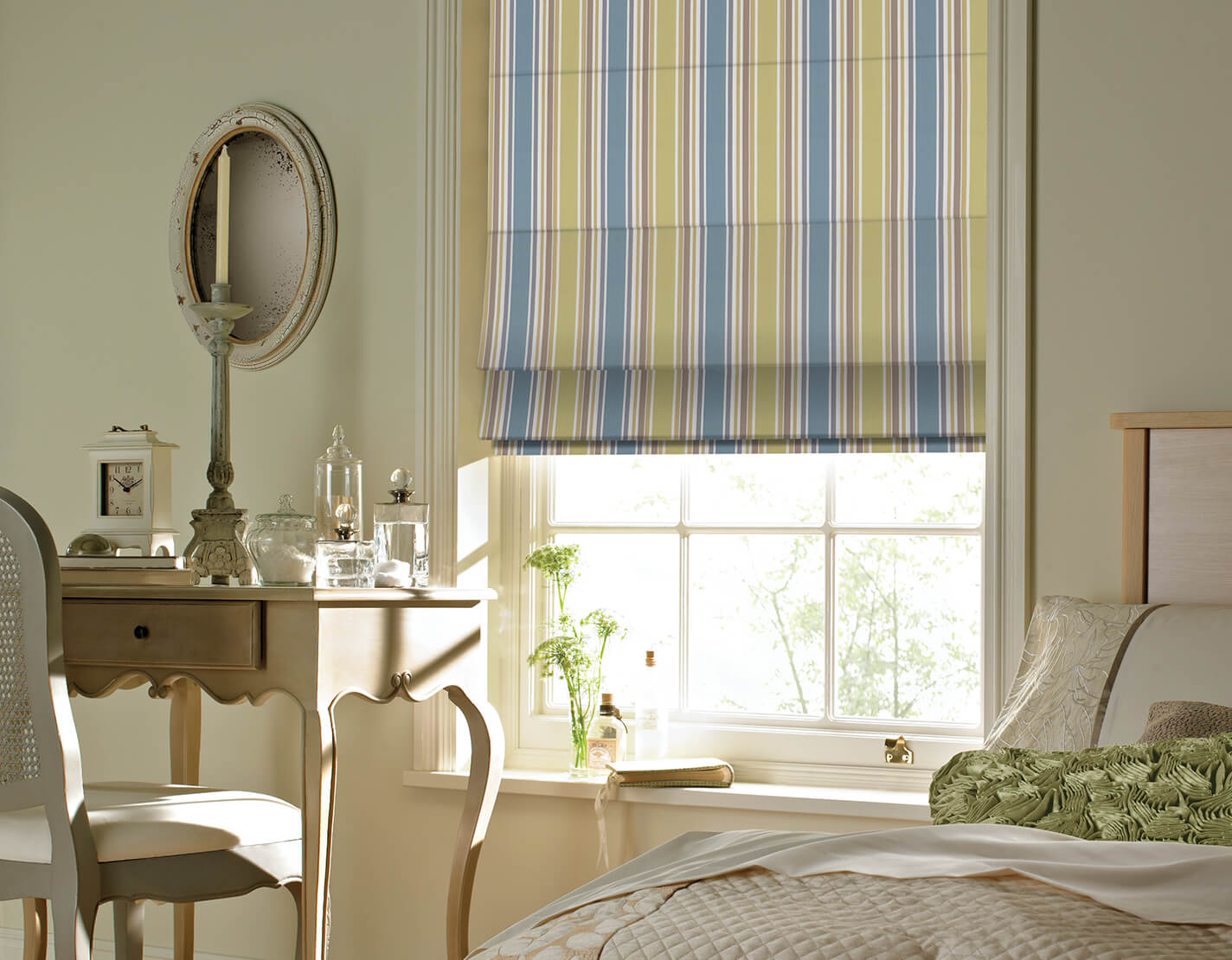 Vertically Striped Roman Blinds in bedroom