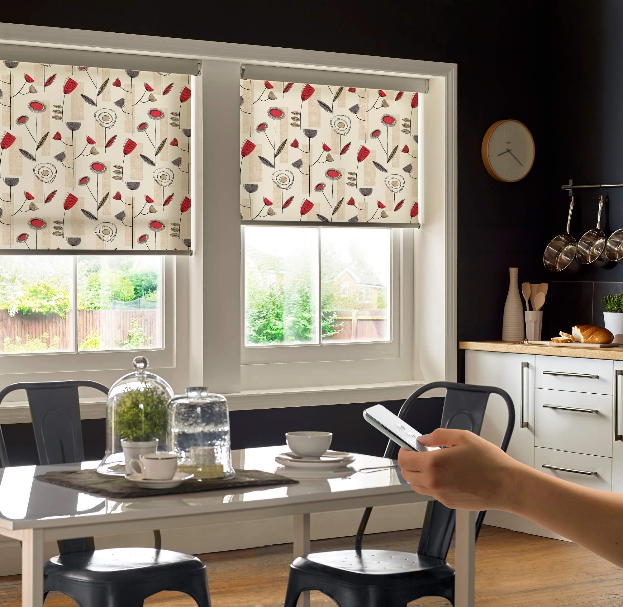 red and white floral style motorised roller blinds