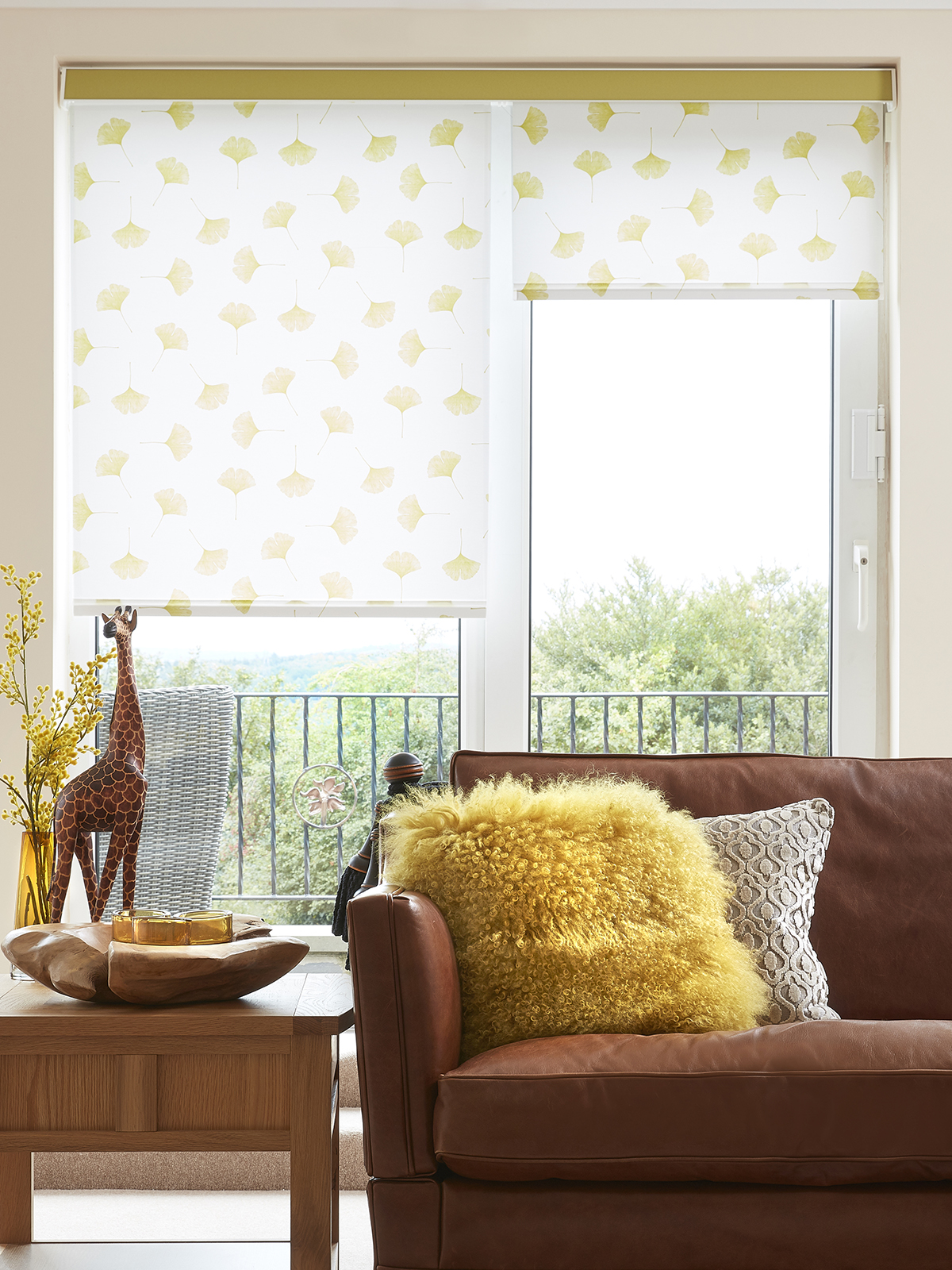 Patterned roller blinds in living room