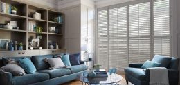 Full height plantation shutters in living room