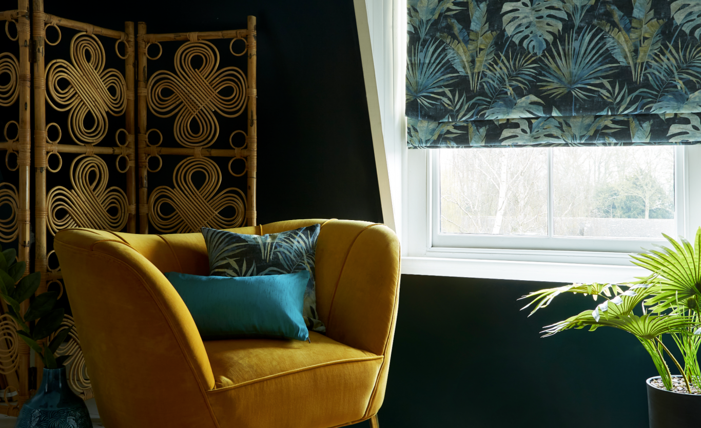 Patterned blackout roman blinds in living room